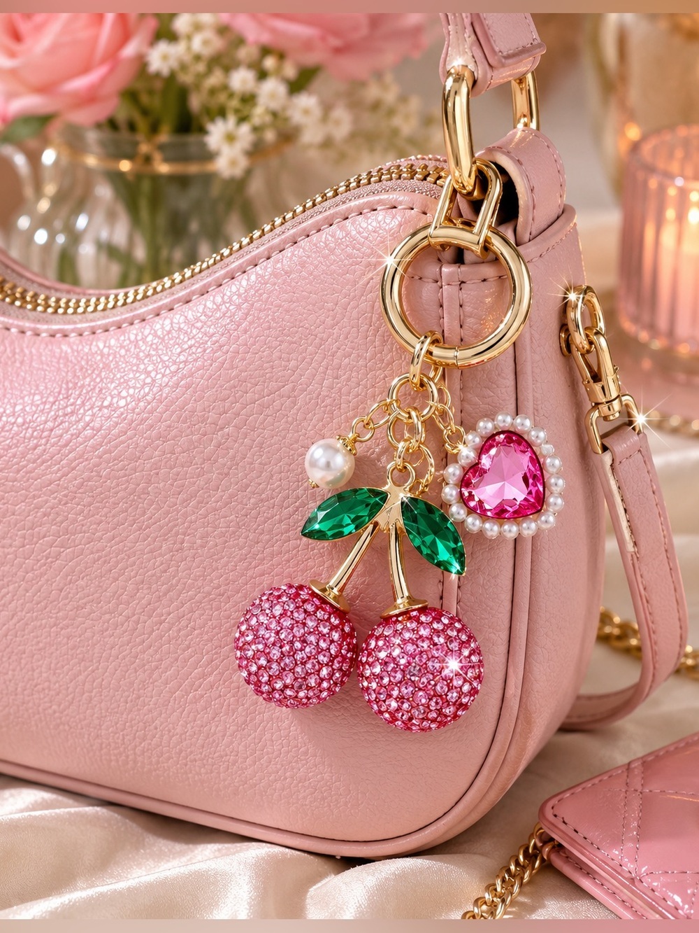 Pink Rhinestone Cherry Keychain – Coquette / Y2K Aesthetic
